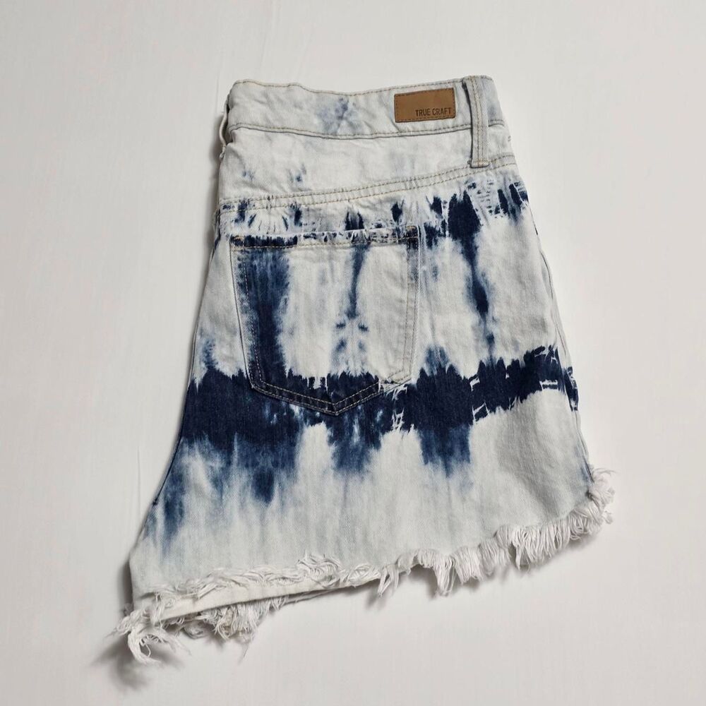 True Craft Tie-Dye High-Rise Denim Cut-Off Shorts Bleach Frayed Hem women's 14